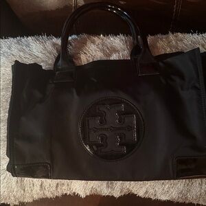 Tory Burch Black Nylon Tote with Patent Logo Medallion
